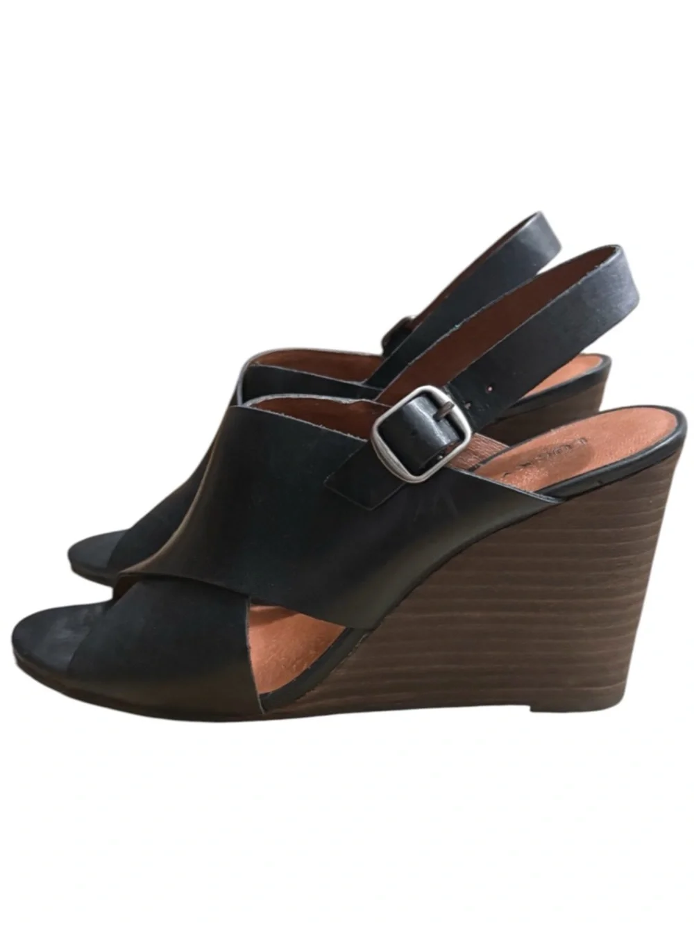 LUCKY BRAND Reddah Leather Black Wedge Slingback Sandal Size 6.5 -- with box